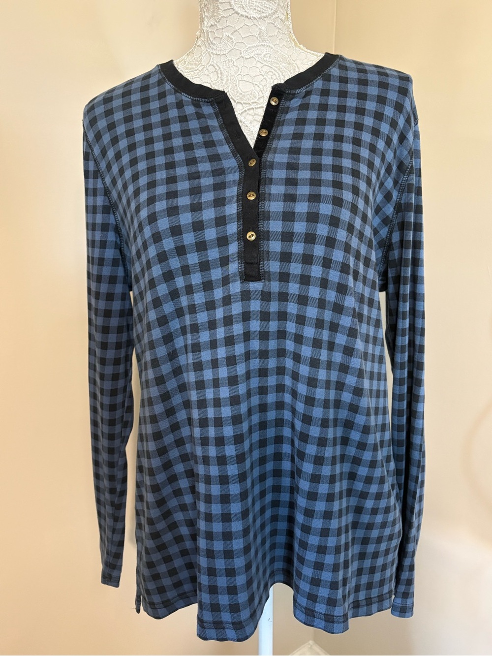 Chaps XL Blue Black Gingham Plaid Cotton Henley Top